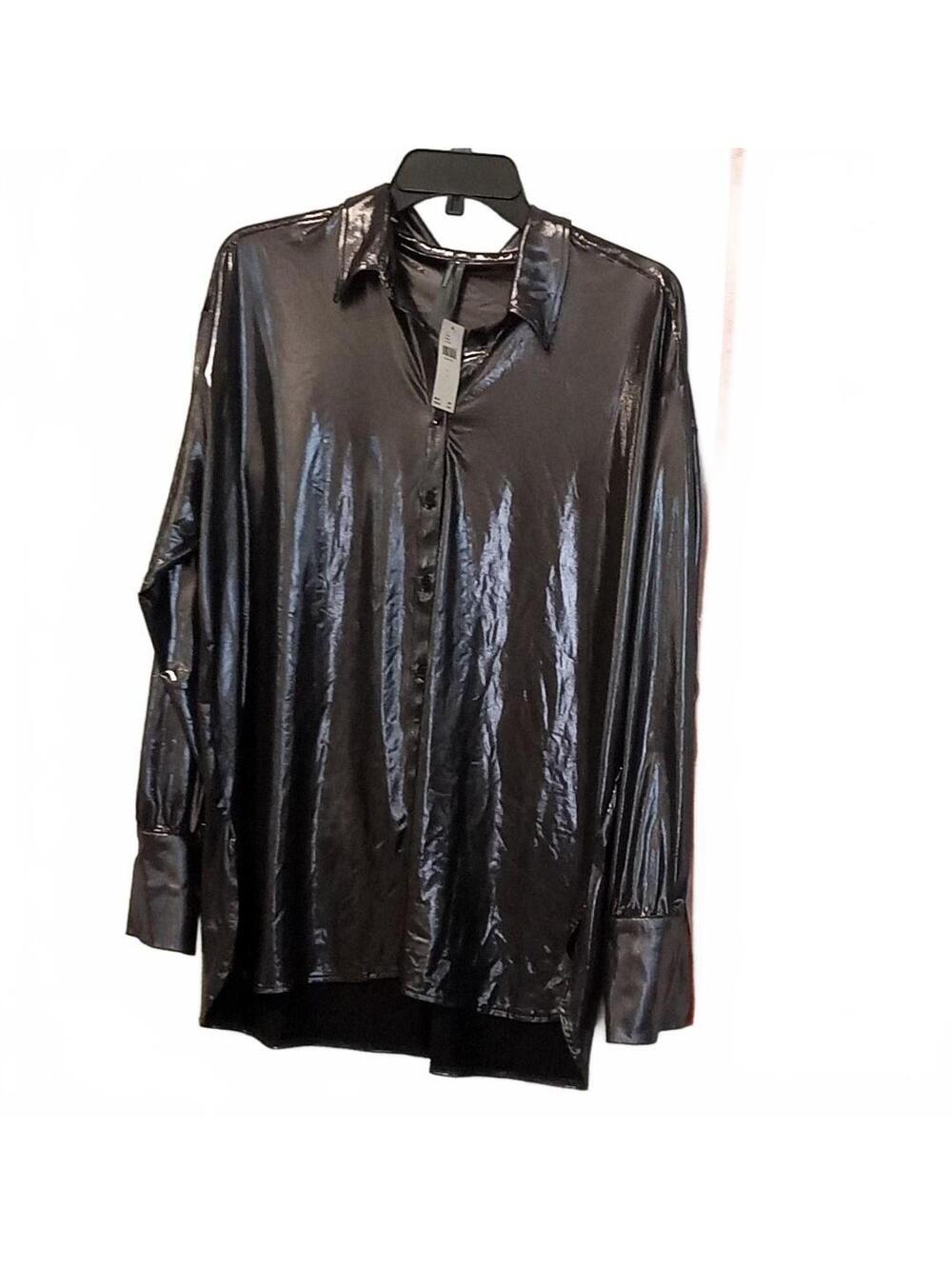 Anthropologie Metallic Black Long Sleeve Button Blouse NWT